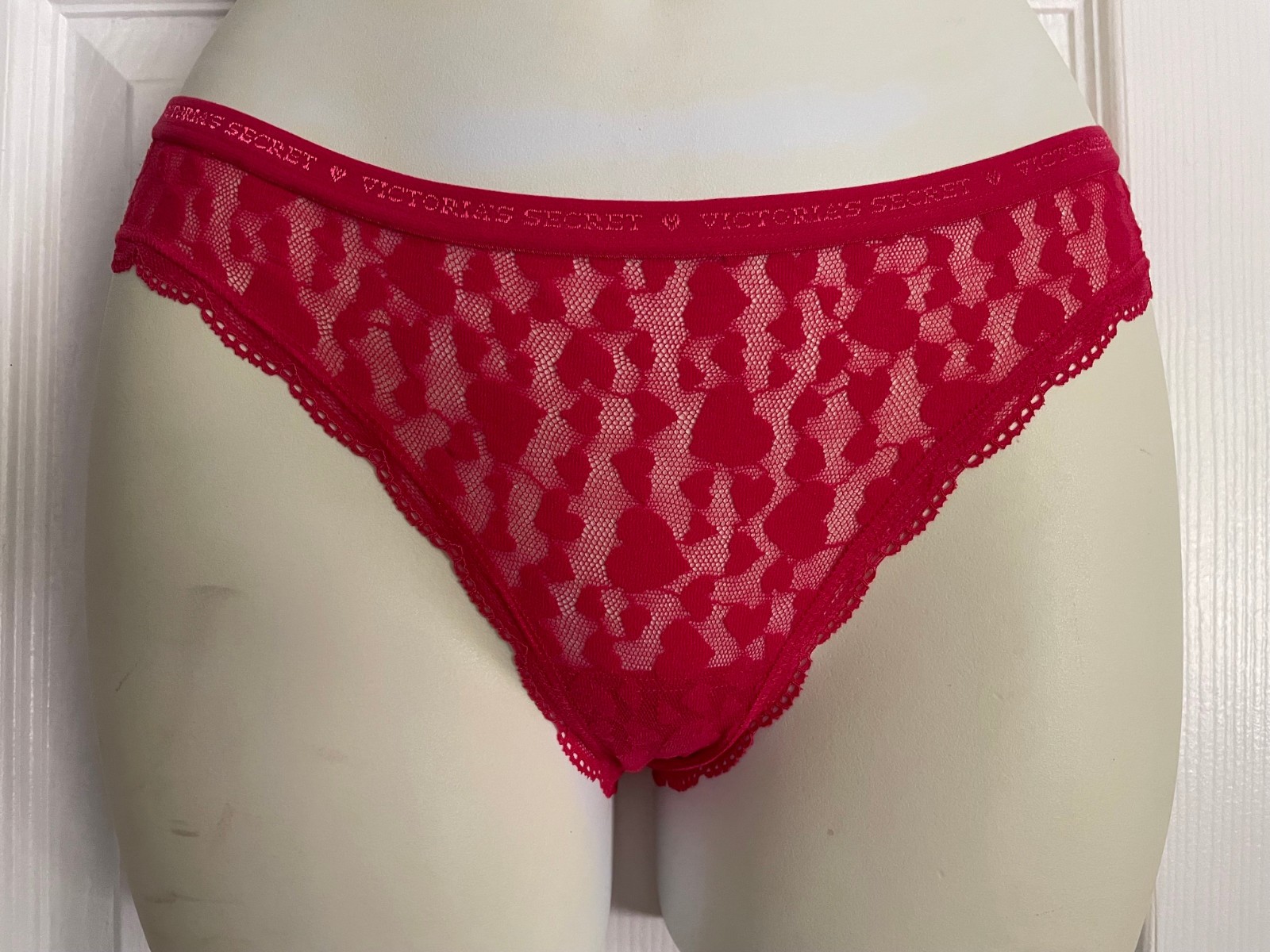 VICTORIA’S SECRET RED HEART LACE W/ LOGO WAISTBAND CULOTTE BIKINI PANTIES SZ S