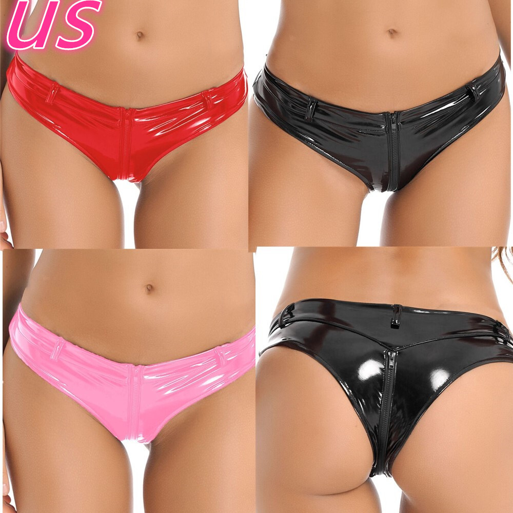 US Womens PVC Leather Zipper Bikini Briefs Wet Look High Cut Thong Lingerie Club