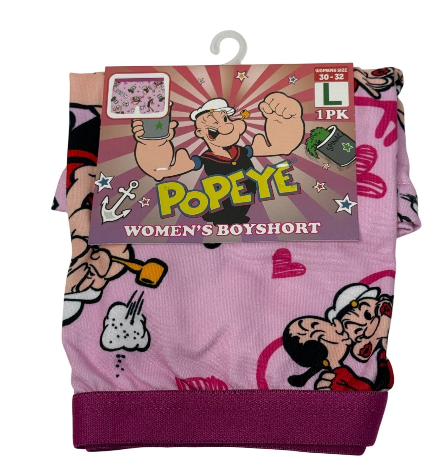 Popeye Womens Boyshort Underwear Pink Spinach Print Size Large 1 Pack