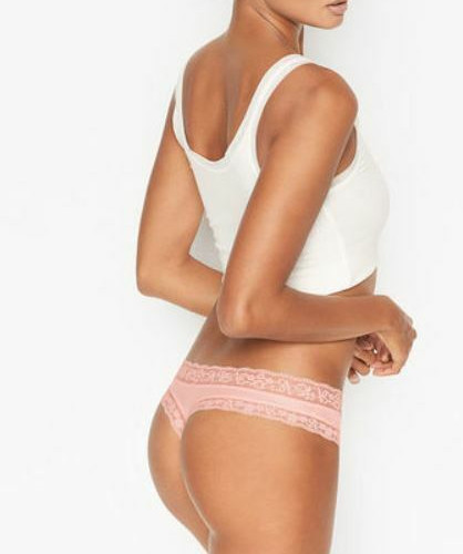 Victorias Secret Pink Thong Panties Size M VS Logo Lace Trim Silky Solid Body
