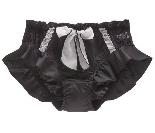 Luxury soft silky feel satin knickers panties black lace bow ruffles UK 12 / L