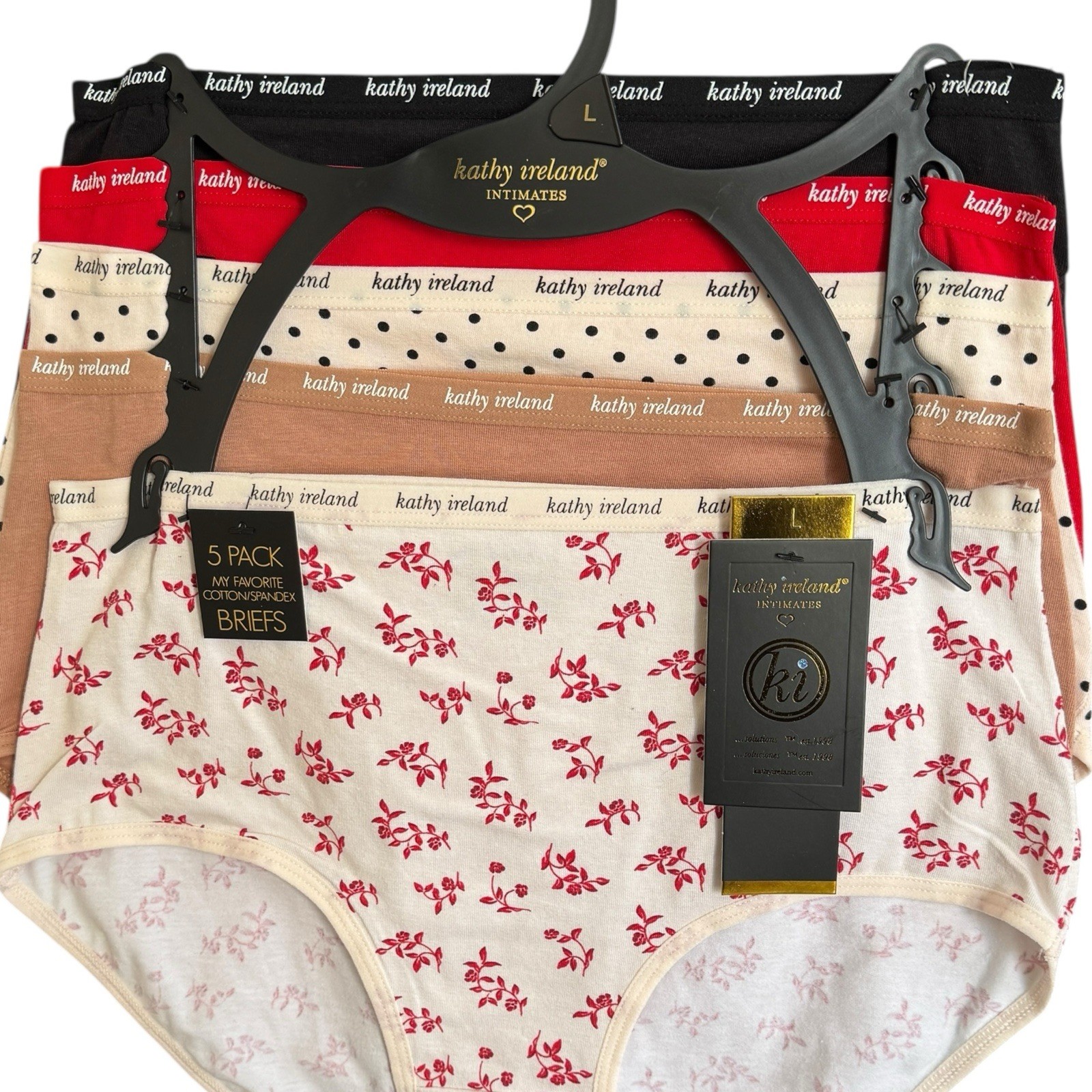Kathy Ireland Women’s 5 Pack Cotton Spandex Briefs Size L Assorted Prints