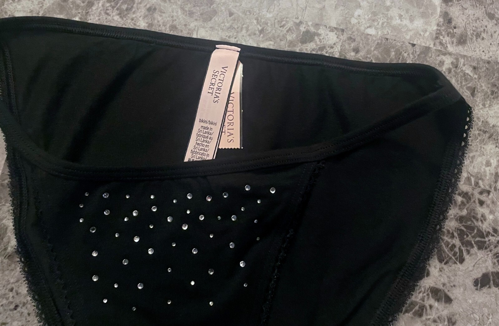 NWT VICTORIA’S SECRET BLACK SILVER RHINESTONE PICOT STRING BIKINI PANTIES