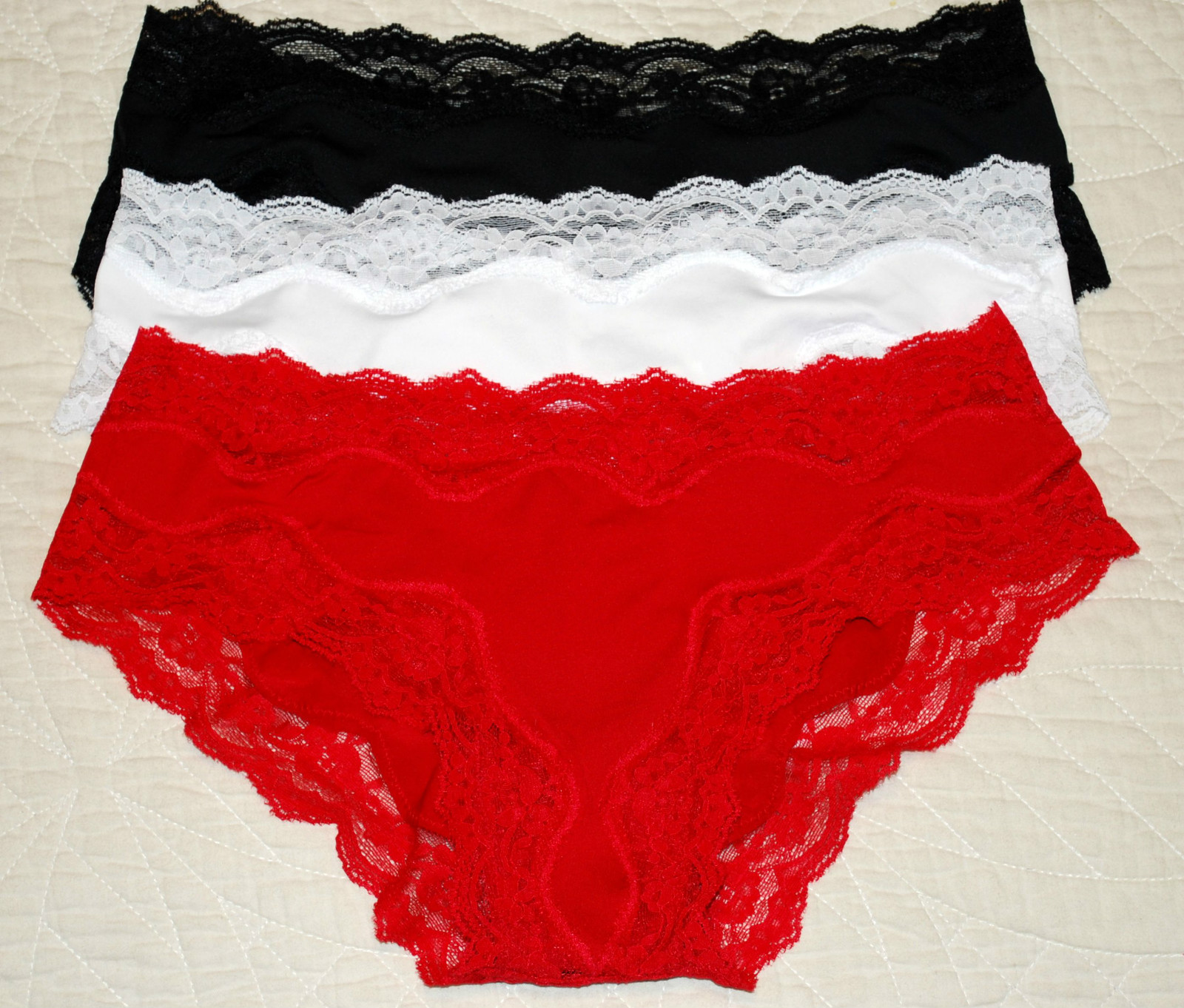 BIKINI PANTY by FASHION FORMS – Polyester Spandex W/Soft Lace Trim – 3 PAIR LOT