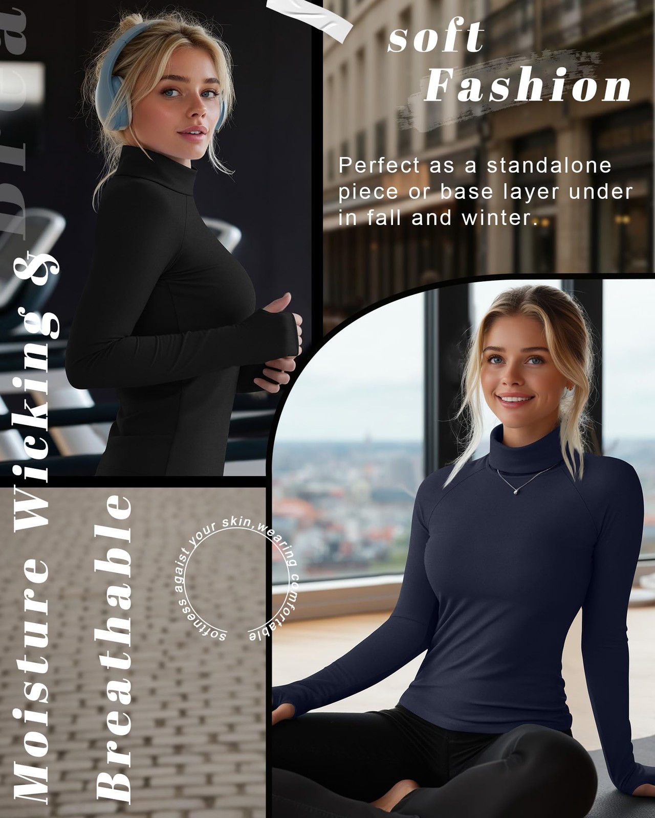 4 Pack Women’s Turtleneck Shirts with Thumb Holes Long Sleeve Thermal Tops El…