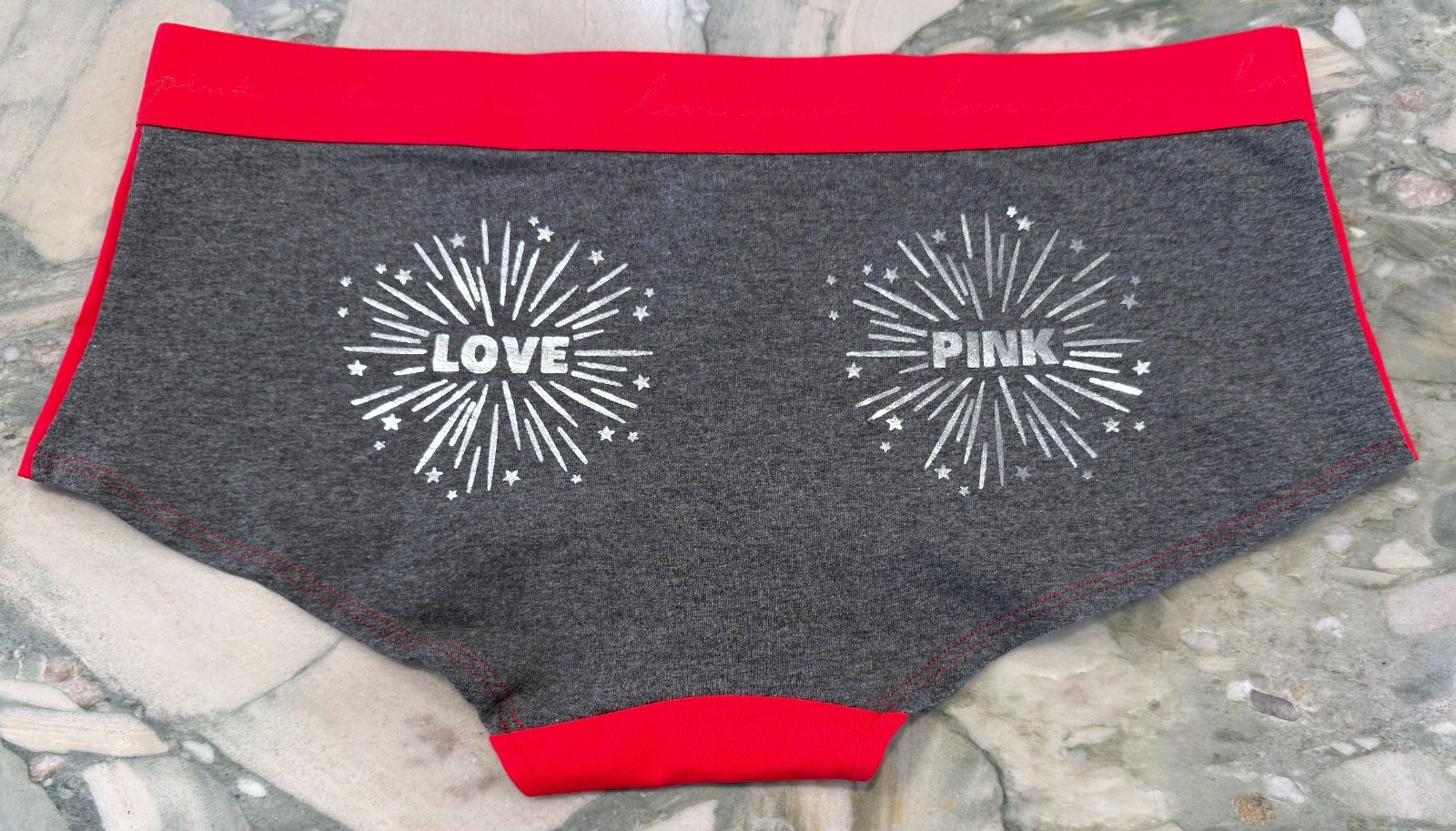 NEW Victoria Secret PINK Cotton Logo Boyshort – Red & Gray FOIL Fireworks – XL