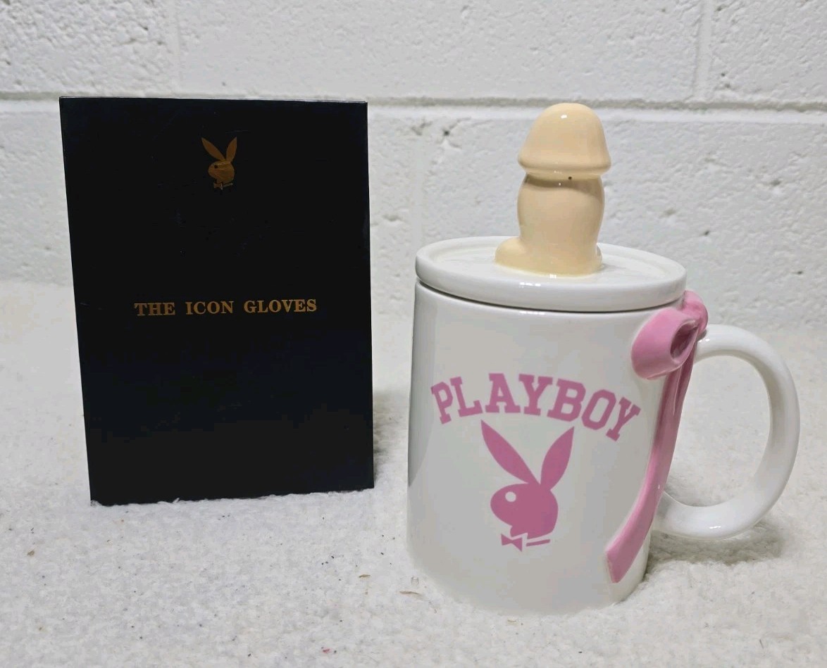 Playboy Bunny Icon Gloves Kiss Coffee Mug Penis Ribbon New Unused 2PC LOT (S1C)