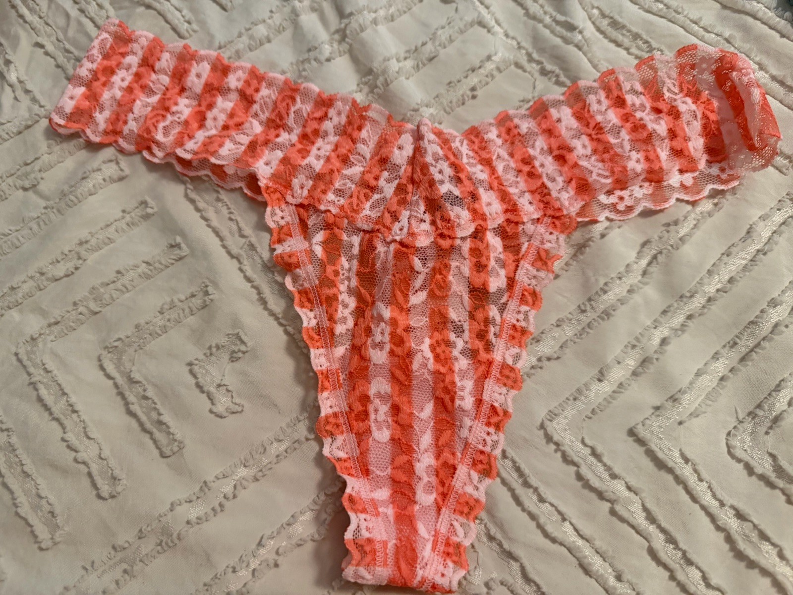 Victoria’s Secret Lace Stretch Thong Panties Orange/White Striped M