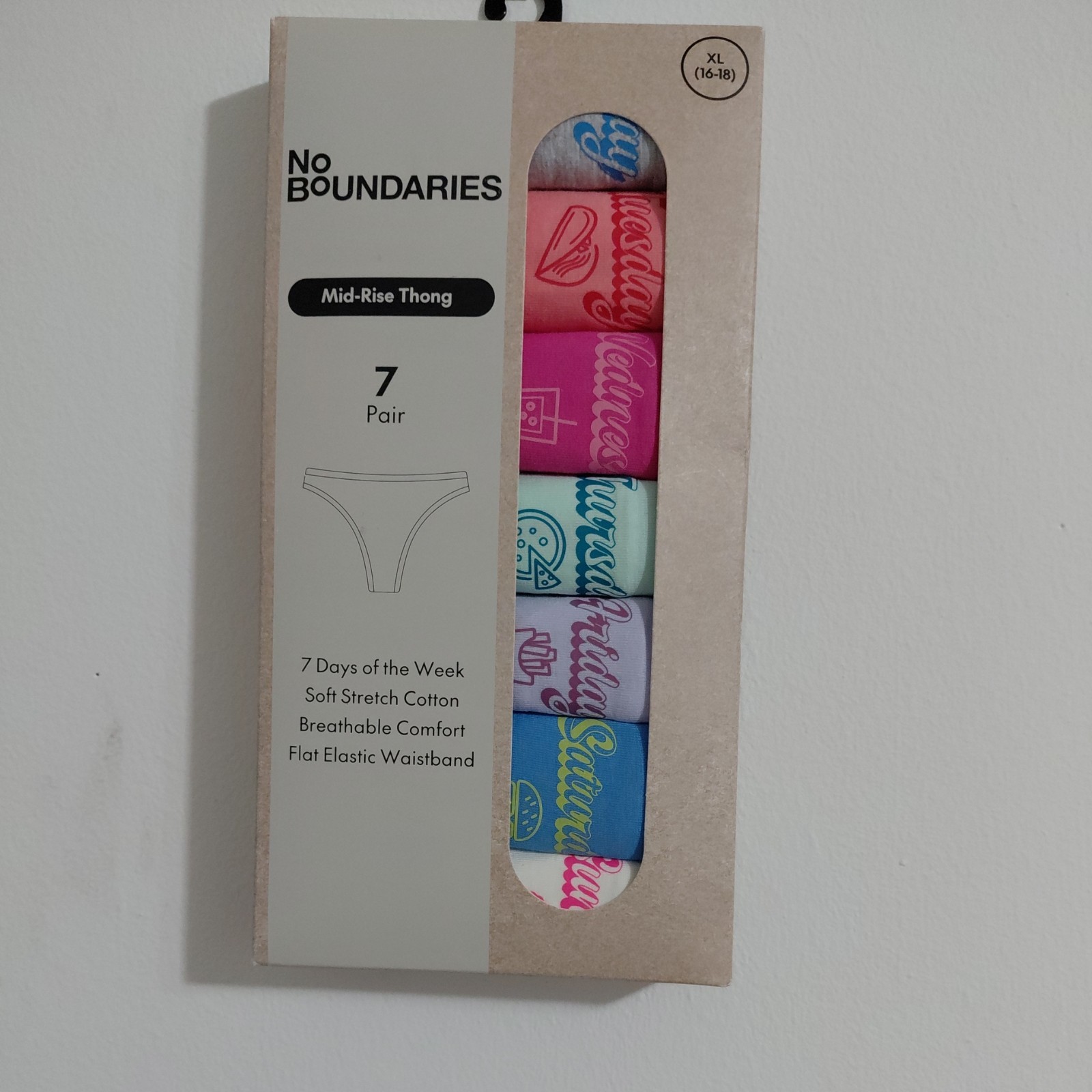 NO BOUNDARIES 7-Pair Women’s XL (16-18) Cotton Thong Mid-Rise Days Of The Week=