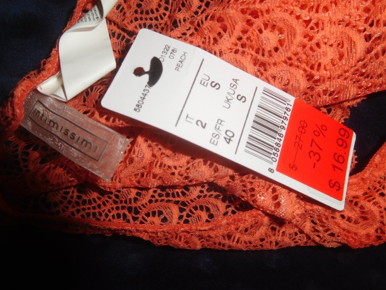 NWT! Intimissimi Peach Lace Floral Embroidery Bikini Panties S