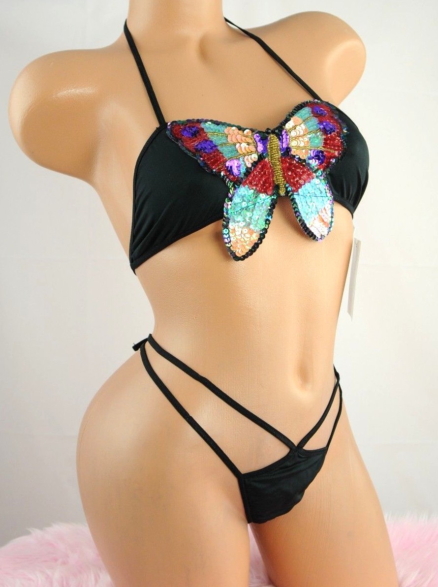 Exotic Metallic Sequin Butterfly Sissy Sexy Dancer BLACK Thong & Tie Bra Set M L