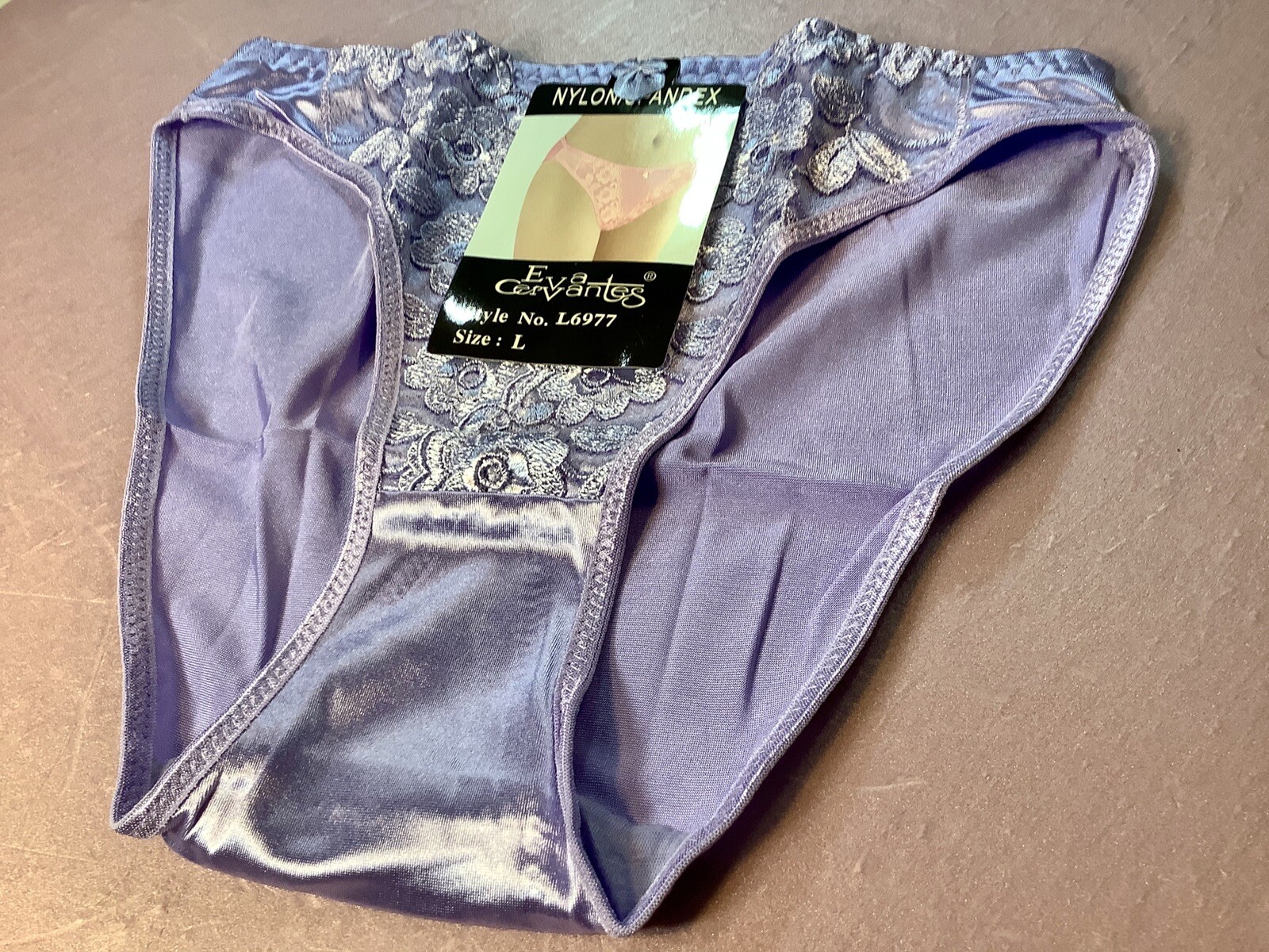 Women Panties,Bikinis “Eva Cervantes” Size S. Lavender Satin Floral W/decoration