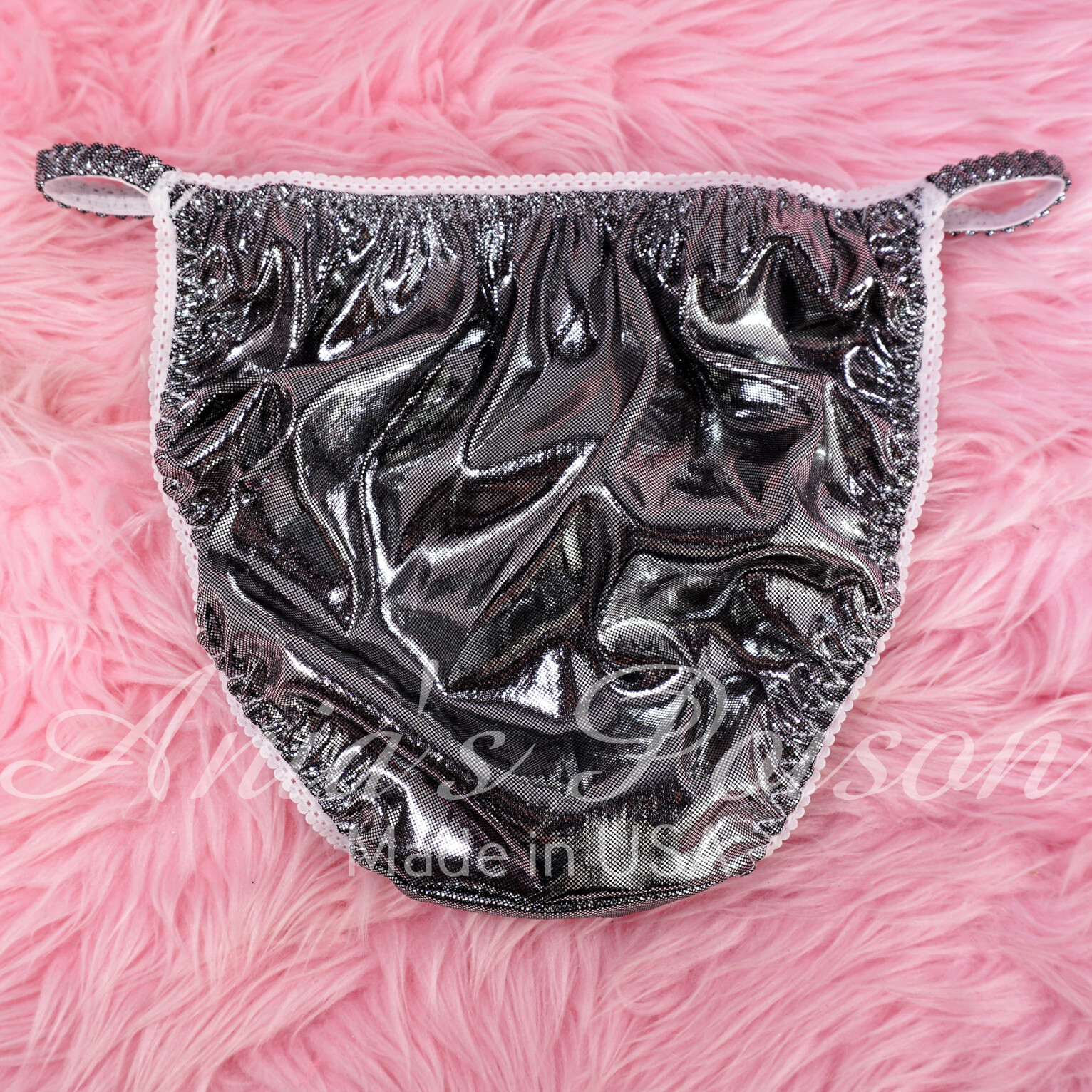 VTG style Foil silver navy wetlook ladies sissy Metallic panties String bikini