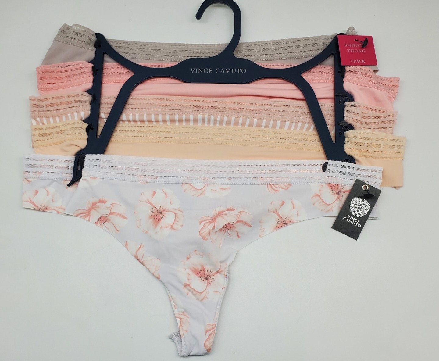 VINCE CAMUTO 5Pack Women’s M-L Laser Smooth Thong Panties Gray/Pink/Beige/Prints
