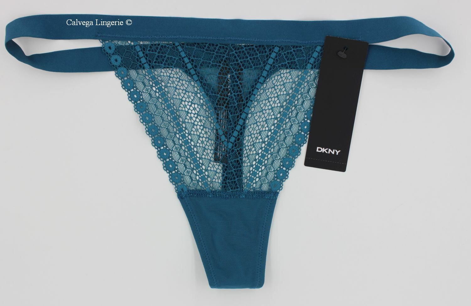 NWT DKNY DK8536 “Lace and Mesh” Low-Rise Lightweight String Thong, Dark Teal, L