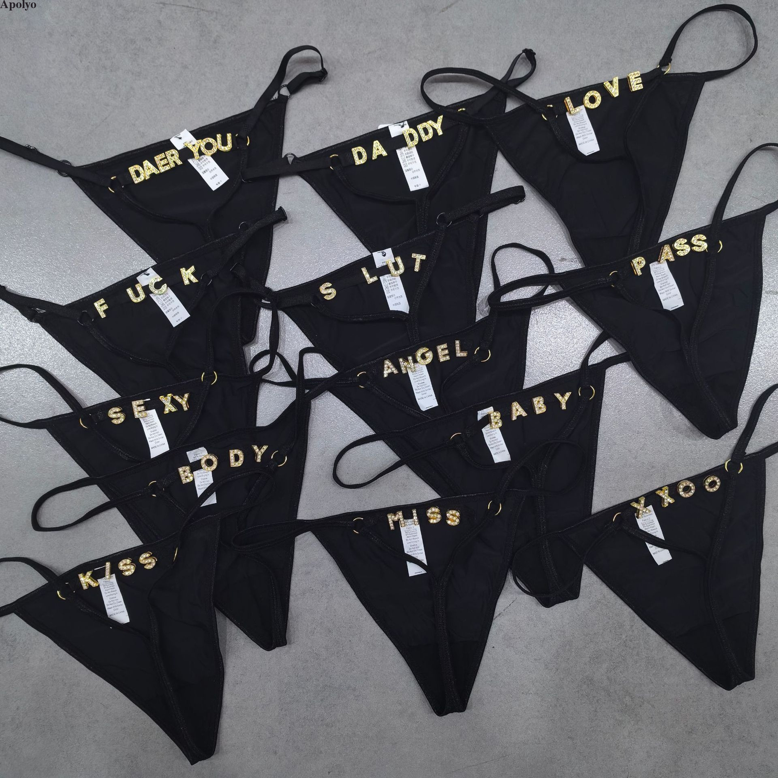 Sexy Women Thongs Shiny Crystal Gold Letter Elastic Band Thong Panties Underwear