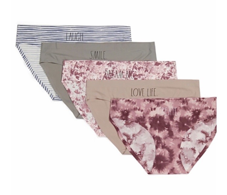 RAE DUNN HIPSTER PANTIES L GIFT VARIETY 5 PACK NO SHOW SILKY LASER CUT SATIN NEW