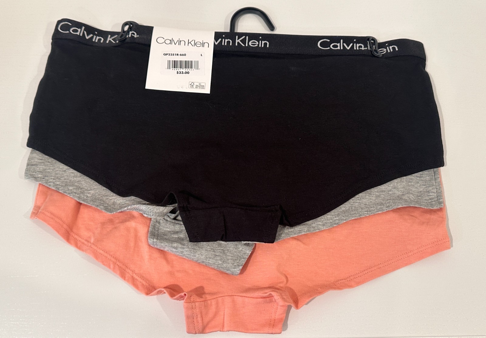 NWT Calvin Klein 3 Pack LARGE Motive Cotton Boyshorts Women’s Black Grey Pink