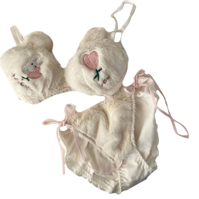Women Cute Rabbit Heart Underwear Cartoon Furry Bra and Tie Side Panty Lingerie