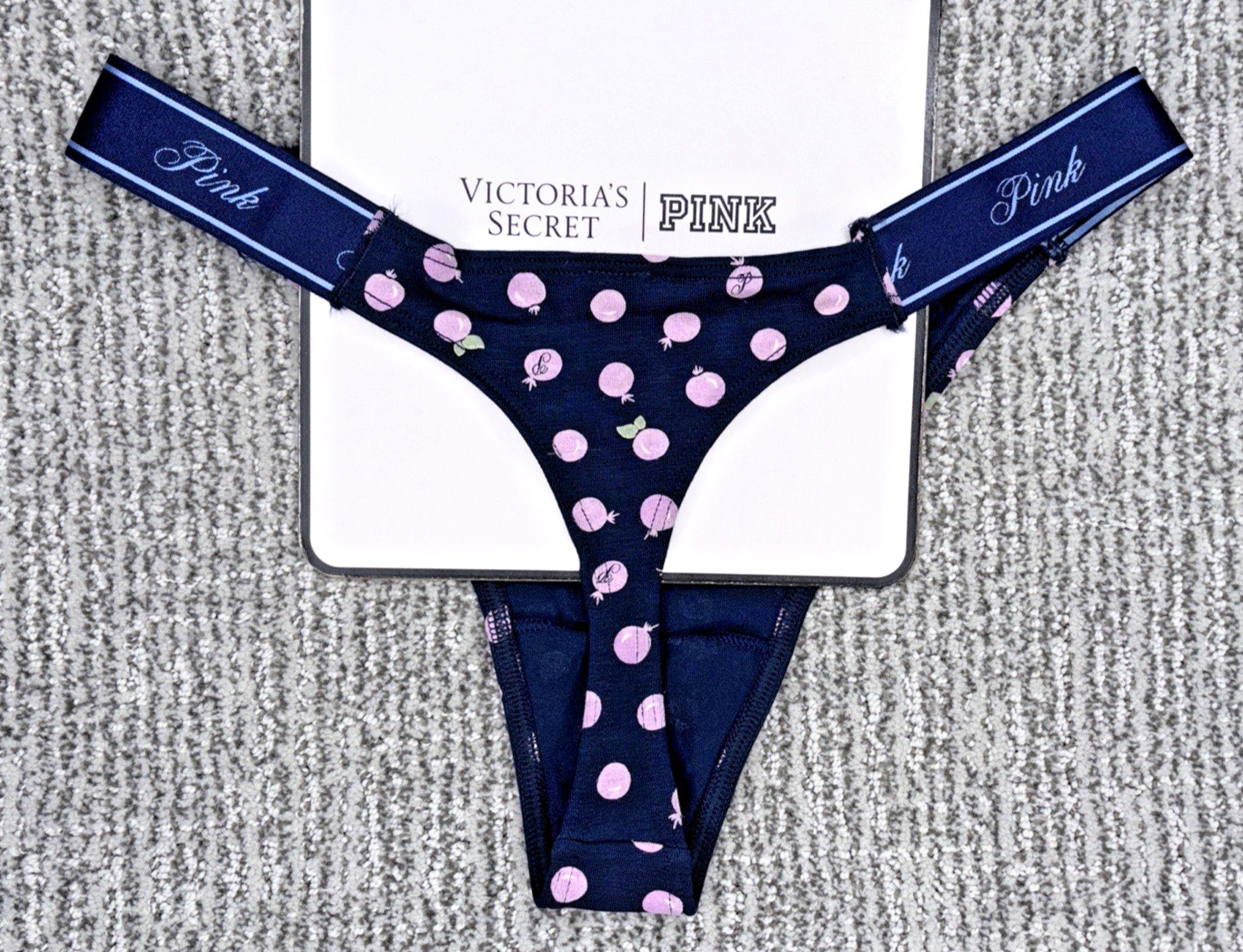 Victoria’s Secret PINK NWT Medium Blue Blueberry Thong Panty Cute Spellout Sexy
