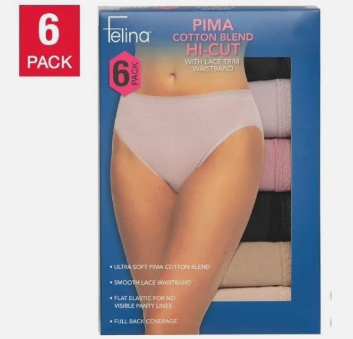 Felina 6 Pack Pima Cotton Blend Hi-cut with Lace Trim Waistband, Multi, Small