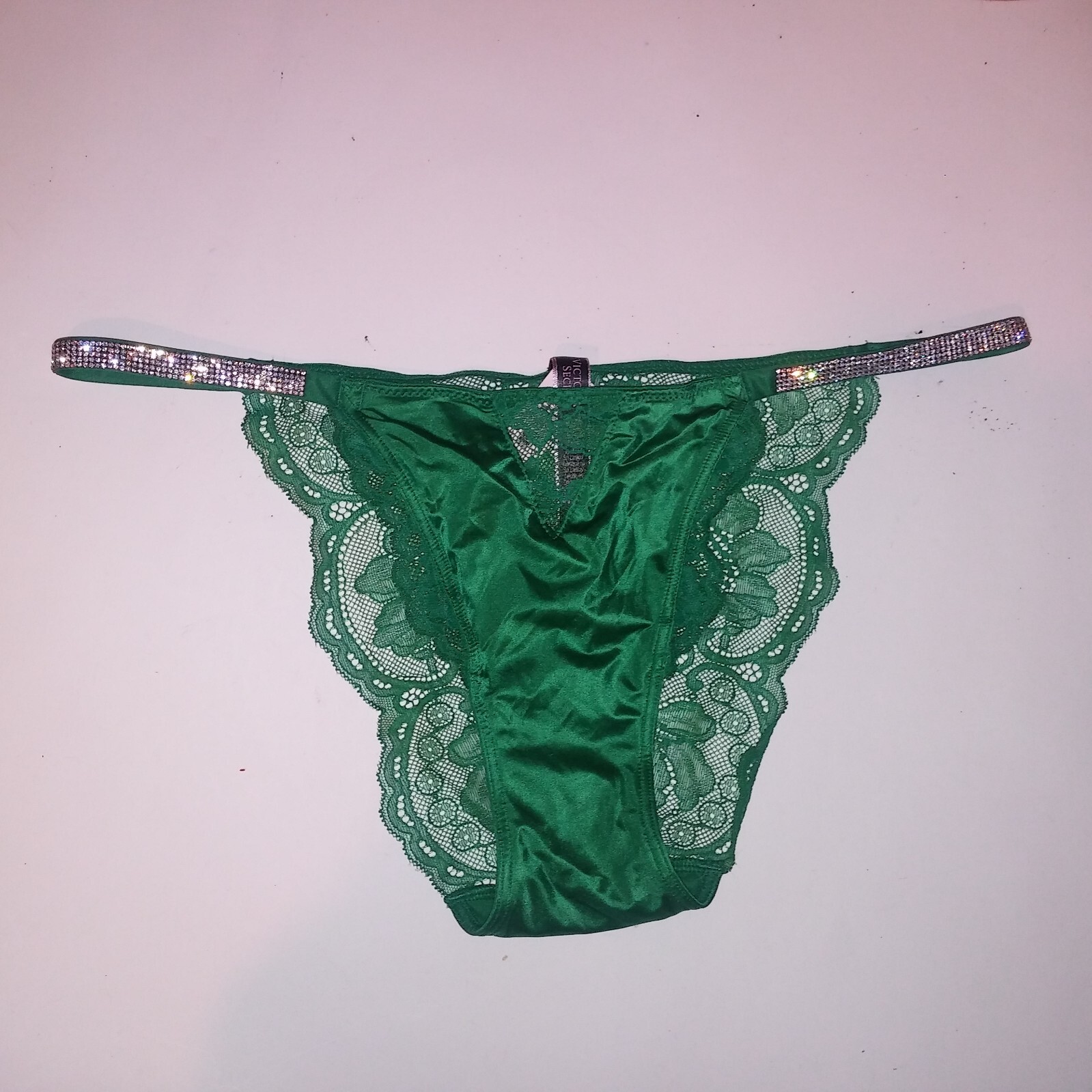 Victoria Secret Panty Medium Cheeky Shine Strap Solid Green Lace Back New