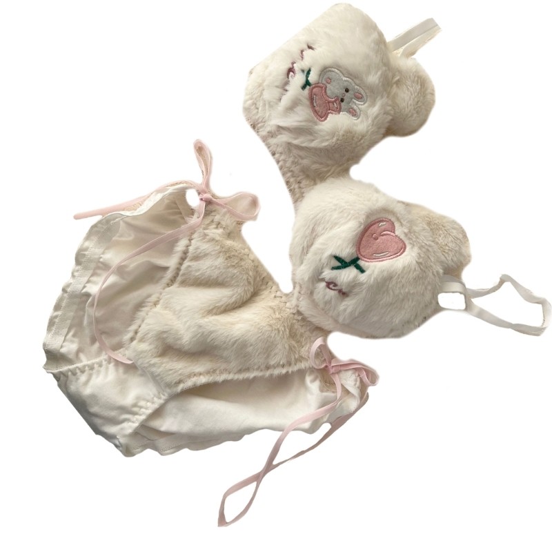 Women Cute Rabbit Heart Underwear Cartoon Furry Bra and Tie Side Panty Lingerie