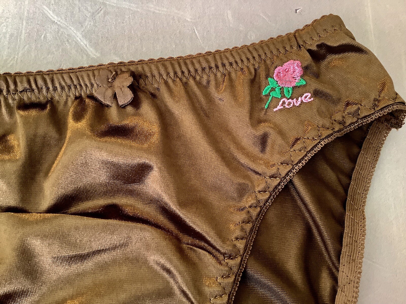 Women Panties Bikinis ANN DIANE Size XL Brown Shiny Satin Soft W/decoration