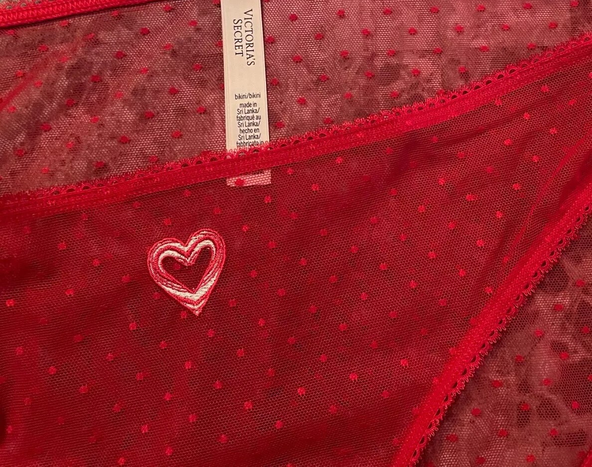 L All Bold Red Polka Dot Mesh w Heart Stretch Victoria’s Secret BIKINI Panty