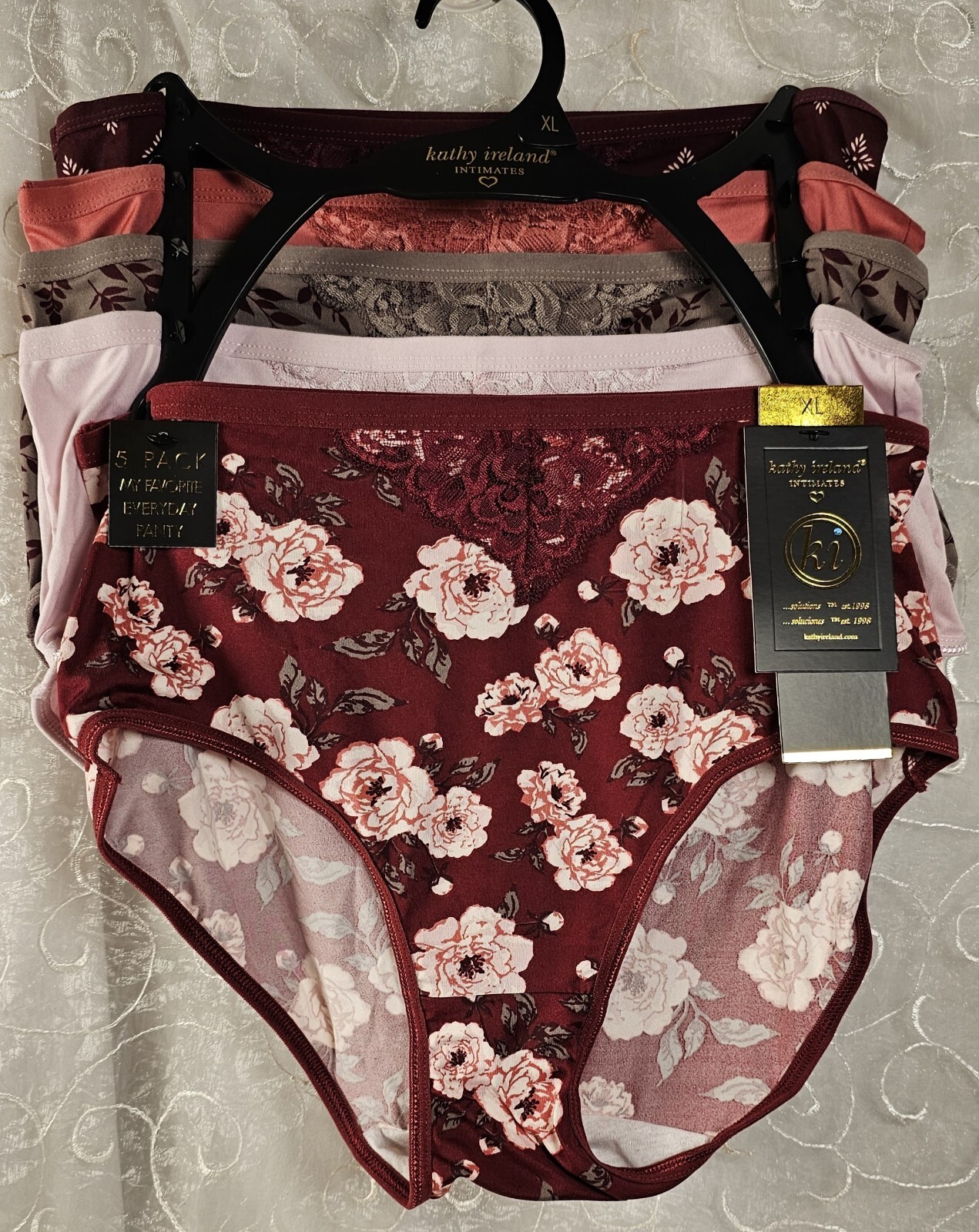 Kathy Ireland 5 Panties XL Solid Print Floral w/Lace, Red Pink & More SHIPS FREE