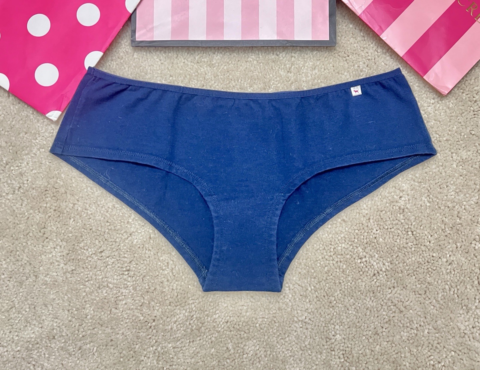 VTG NEW S Victoria’s Secret PINK Navy Blue Logo Low Rise Hipster panties SMALL