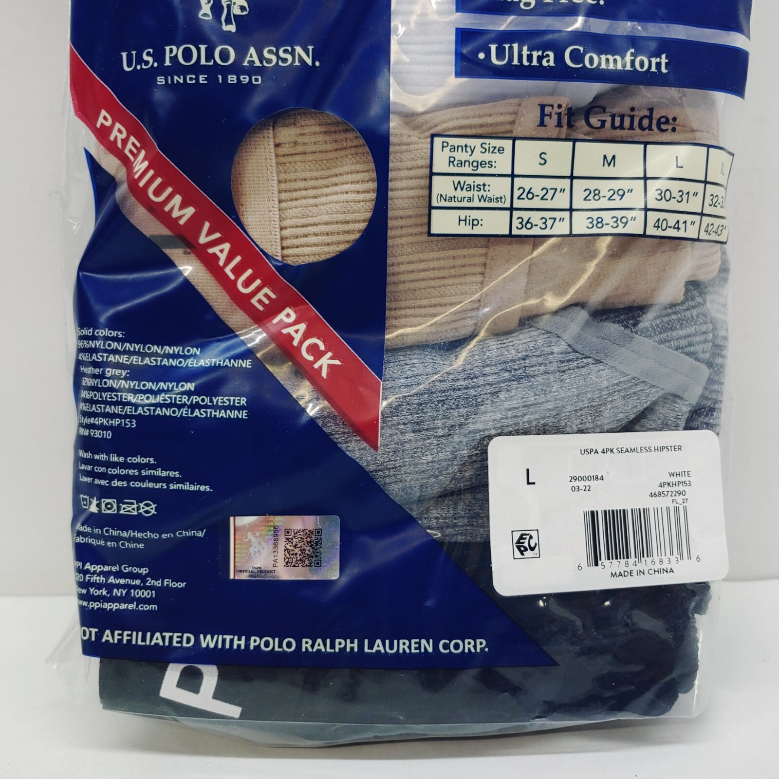 U.S. Polo Assn. 4 Pack Ribbed Seamless Hipsters Size L White Tan Gray Black