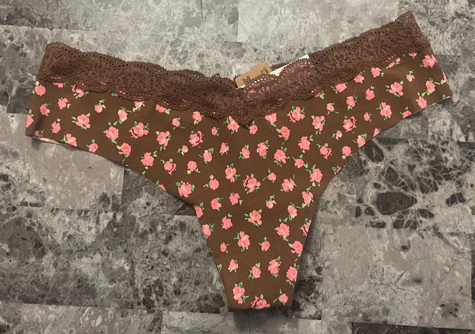 NWT VICTORIA’S SECRET PINK L BROWN FLORAL LACE RAW EDGE NO SHOW THONG PANTIES