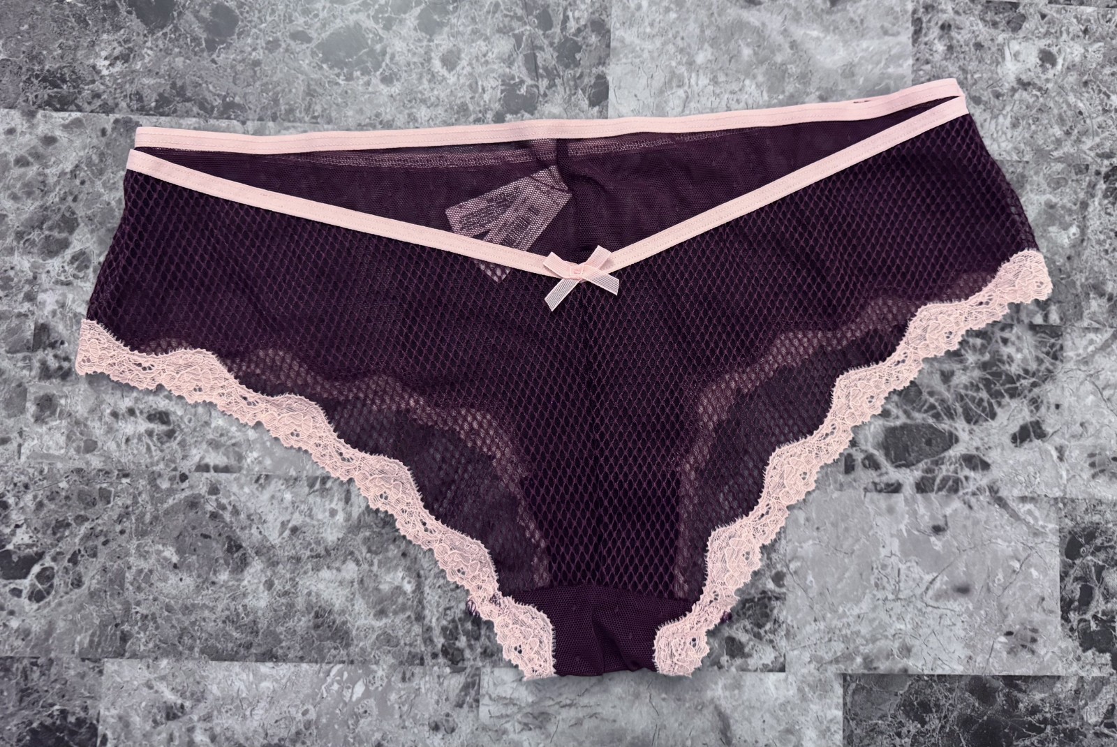 NWT VICTORIA’S SECRET L MAROON DOTTED MESH NETTED PINK LACE RARE CHEEKY PANTIES