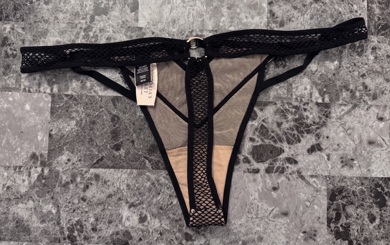 NWT VICTORIA’S SECRET MEDIUM BLACK RHINESTONE FISHNET LACE RARE THONG PANTIES