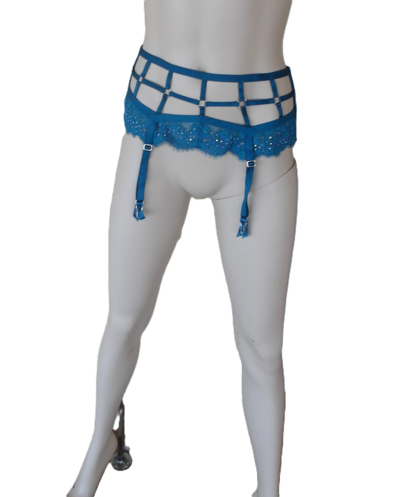 Victoria Secret Garter Belt Shimmer Strappy Cage Look Teal Beaded M L $48 Whimsy