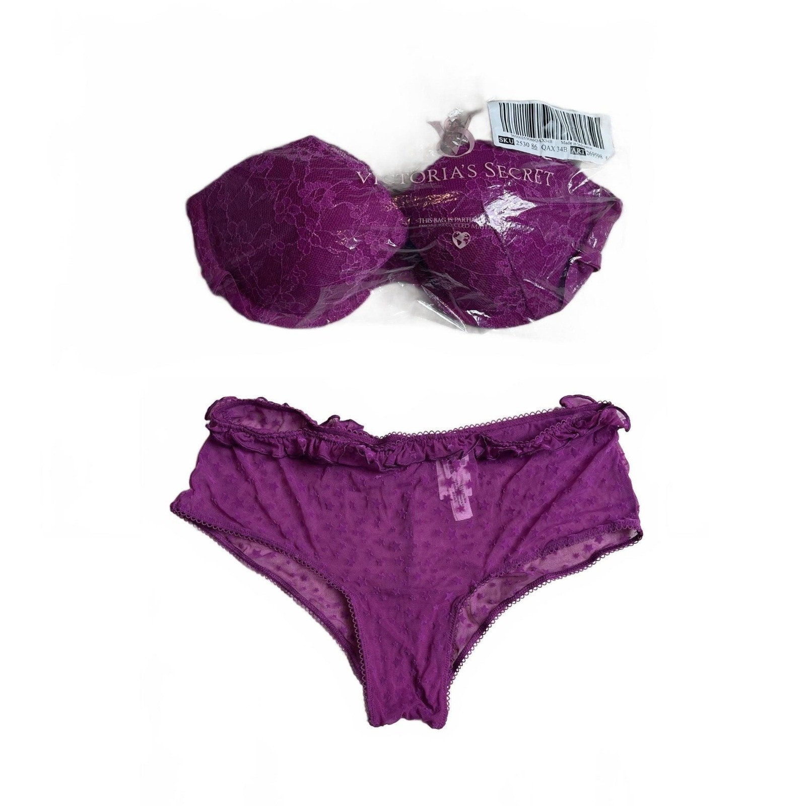 Purple Star Sheer Mesh Ruffle Cheeky Panties & Posey Lace Lightly Lined Demi Bra