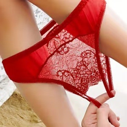 Lace Crotchless Panties Women Medium Red Strappy Mesh Bow Detail