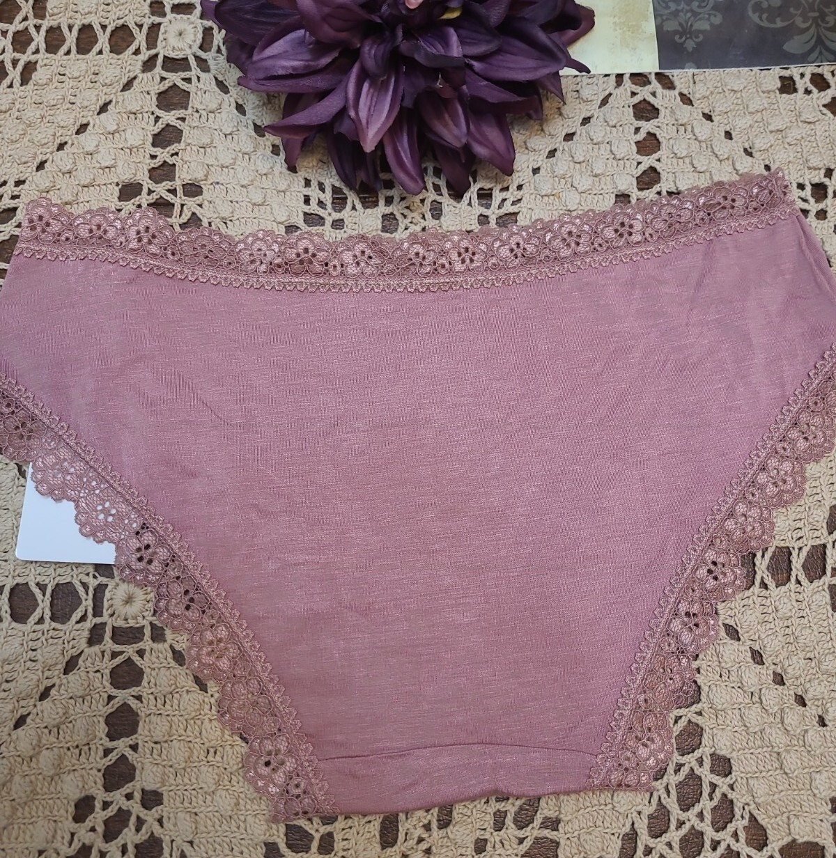 DAISY FUENTES Dusty Rose Bow/ Lace SeXy Hipster Panties Lingerie, 7/L ~ NWT