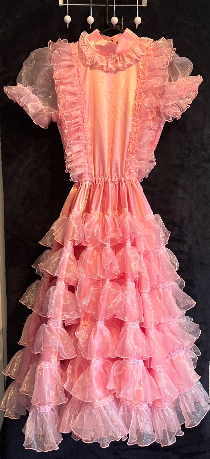 HulaKula Cute Pink Satin Organza Frilly Puff Sleeve Long Dress Sissy CD TV