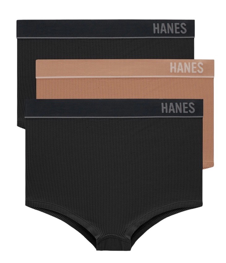 HANES Originals 3-Pair Boyshort Underwear Panties Ribbed Nylon Black Tan Size M