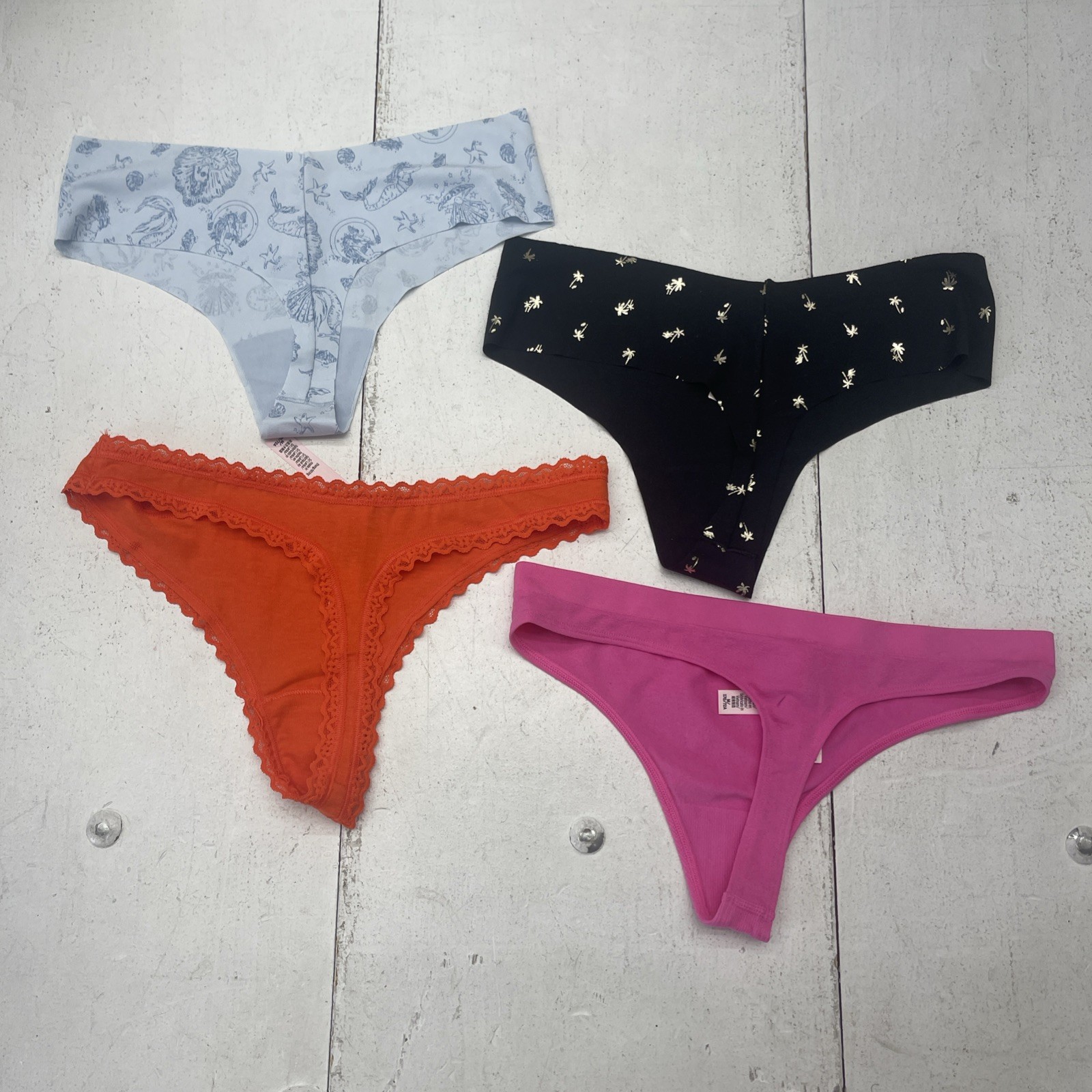 Victoria’s Secret 4 Pack Black Orange Pink Blue Thong Underwear Women’s Size M