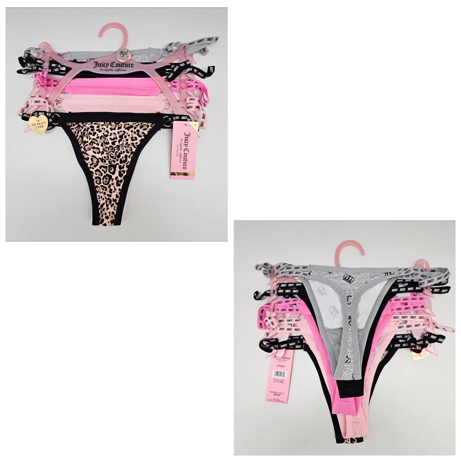 JUICY COUTURE 5 Pack Women S M L XL Logo Thong Panties Gray Black Pink Beige