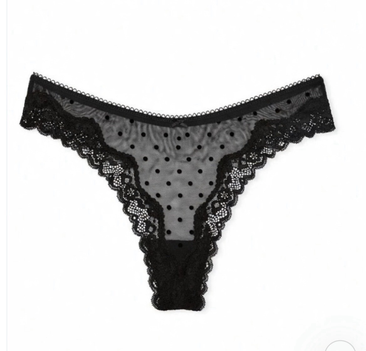 Victoria’s Secret Tease Velvet Dot Lace Trim Thong Panty Sz L / Black Mesh