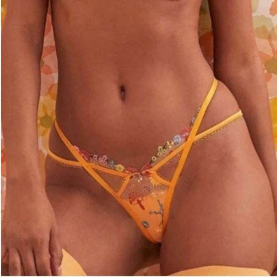 New XS For Love & Lemons Meadow Mushroom Embroidered Thong Orange Strappy Panty