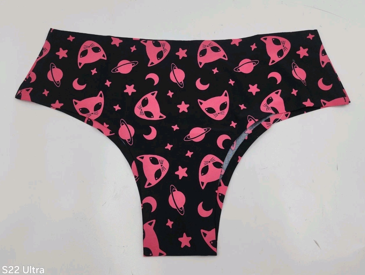 Cheek Boss Womens Size Medium Black Cat & Space Cheekies Panties & Bra Set