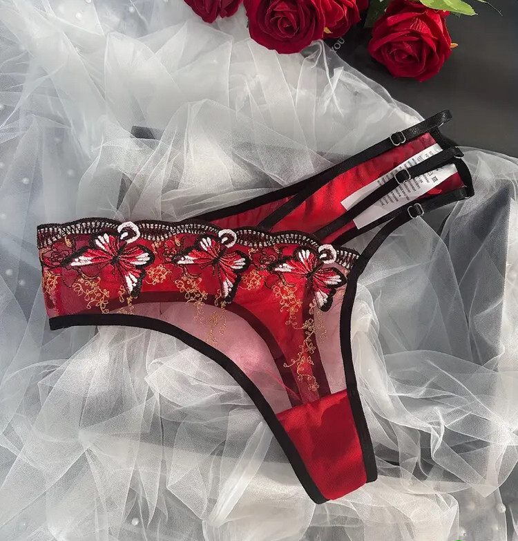 SEXY THONG Strappy Cut Out Butterfly Mesh Panties Panty Lace RED BLACK NWT M L