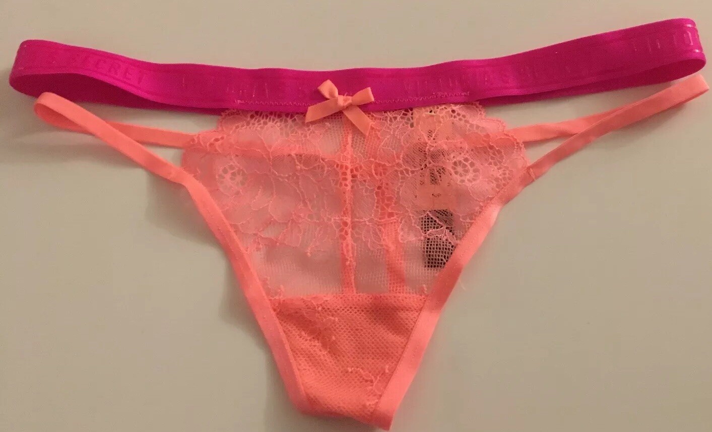 Victorias Secret Coral Lace Thong Panty Size XS Sexy Pink Logo Sport Waistband