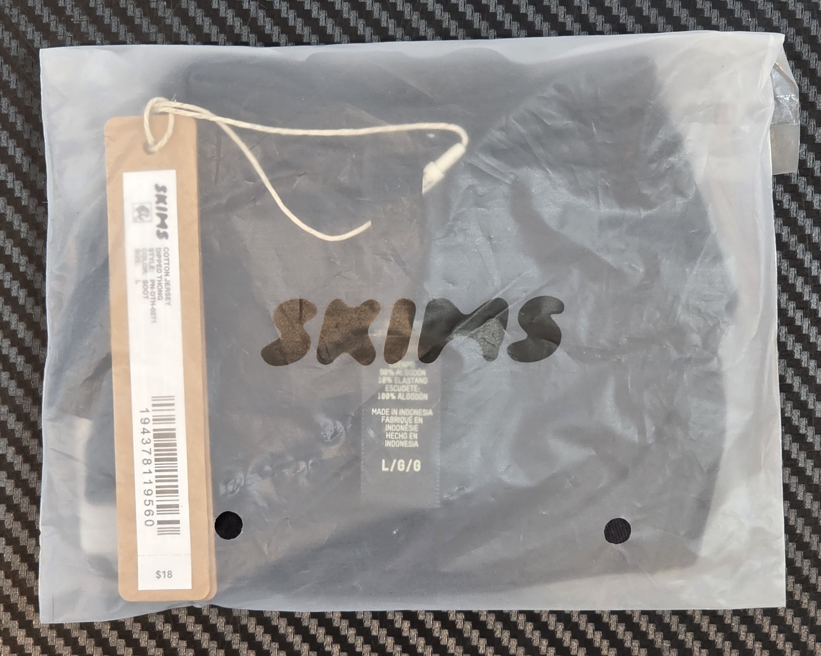Skims Women’s Size Large Cotton Jersey Dipped Thong in Soot Color #PN-DTH-0271