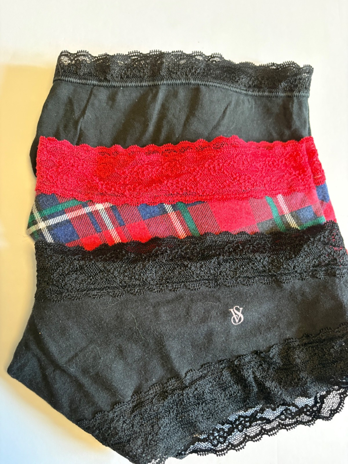 Victoria’s Secret Panty Lot 3 Pair XL Cheeky Shortie Lace Trim Black Plaid Red